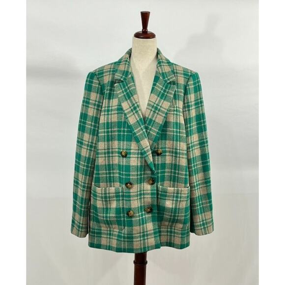 SEZANE Sz 46 14 Green Tan Check Plaid Wool Michele Jacket Blazer - Picture 9 of 12